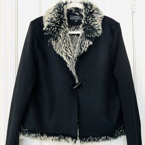 Montanaco Black Soft Vegan Suede Faux Fur Lined Wool Blend Jacket Coat Sz Large